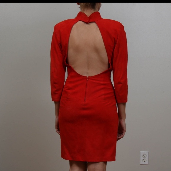 Vintage 1970s I. Magnin Firenze Red Lamb Suede Mockneck Sheath Cocktail Dress - Picture 4 of 10